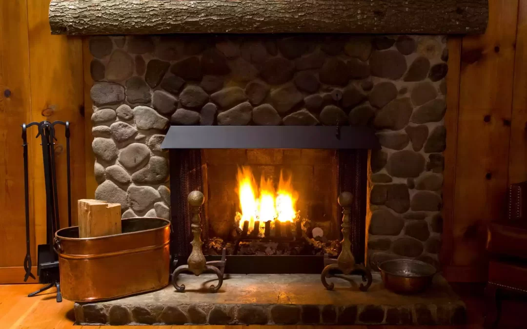 stone and wood log mantle
